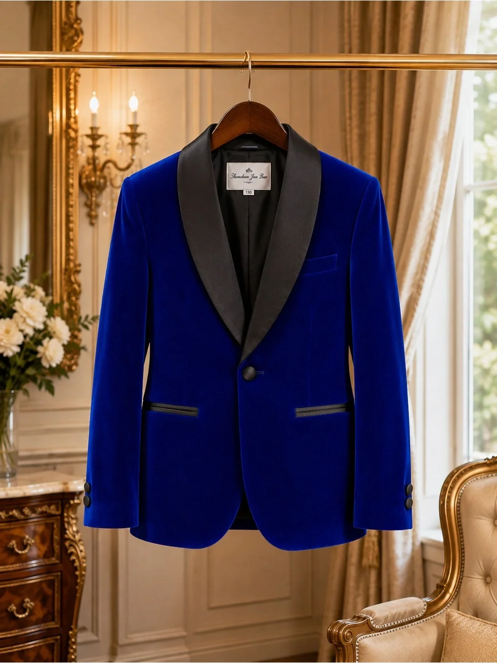Boys Size 8 Royal Blue Velvet Tuxedo Suit Black Pants Bow Tie Wedding Formal
